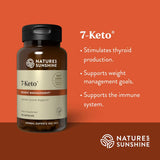 Natures Sunshine 7-Keto dietary supplement bottle on a solid orange background with product benefits listed in white text.