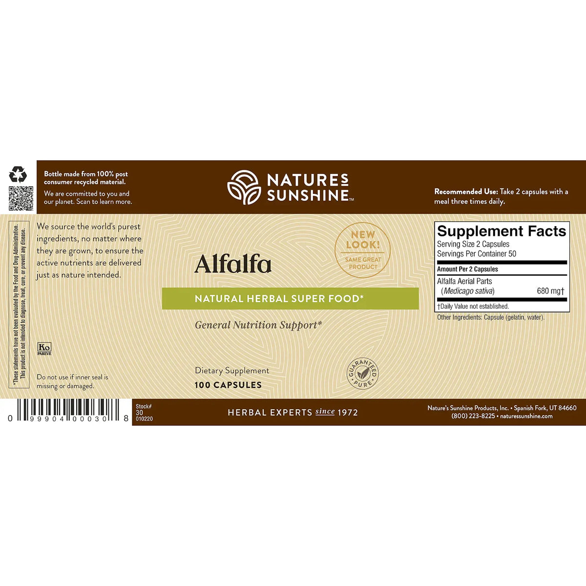 Front of a Nature's Sunshine Alfalfa dietary supplement box showing the label design, supplement facts panel, and barcode on a white background.