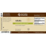 Front of a Nature's Sunshine Alfalfa dietary supplement box showing the label design, supplement facts panel, and barcode on a white background.