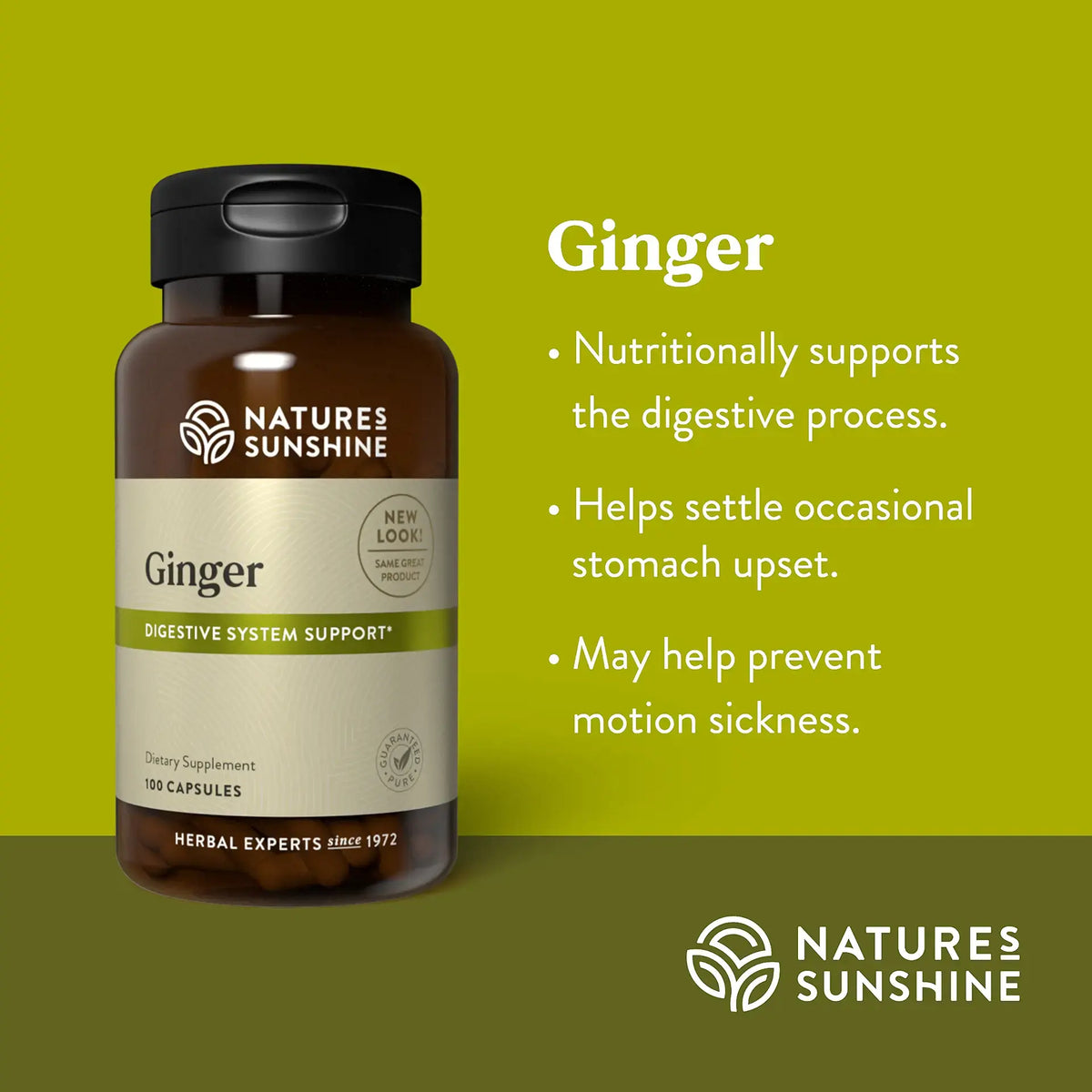 Natures Sunshine Ginger Digestive System Support dietary supplement bottle on a green background with text describing ginger benefits.