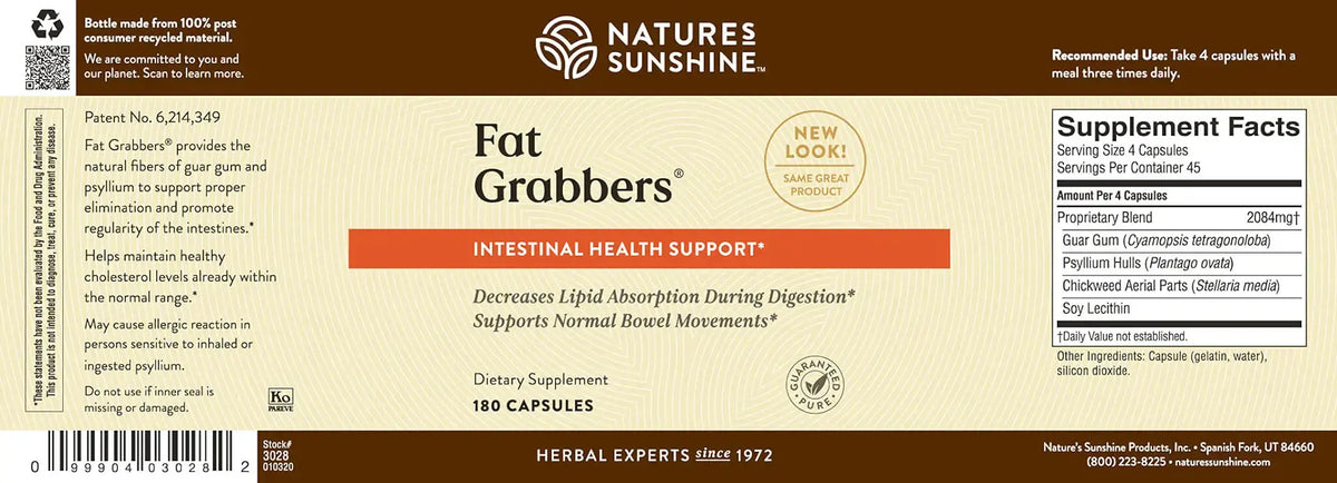 Front and back label of a Nature's Sunshine Fat Grabber dietary supplement, showing product details, ingredients, and supplement facts on a beige and brown background.