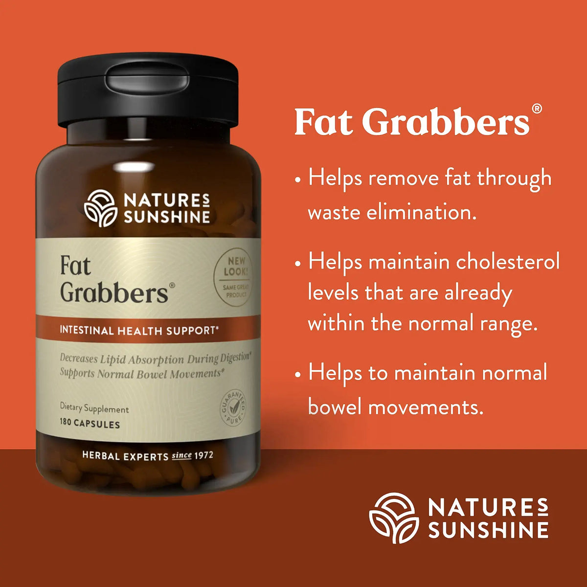 Nature's Sunshine Fat Grabbers dietary supplement bottle on a warm orange background with product text and bullet points describing digestive benefits.