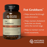 Nature's Sunshine Fat Grabbers dietary supplement bottle on a warm orange background with product text and bullet points describing digestive benefits.