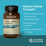 Natures Sunshine Master Gland Formula supplement bottle on a blue background with product details.