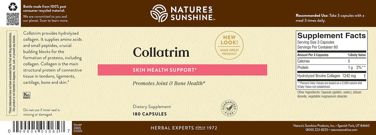 Nature's Sunshine Collaterin dietary supplement bottle label, showing product details, supplement facts, and a barcode on a beige and brown background.