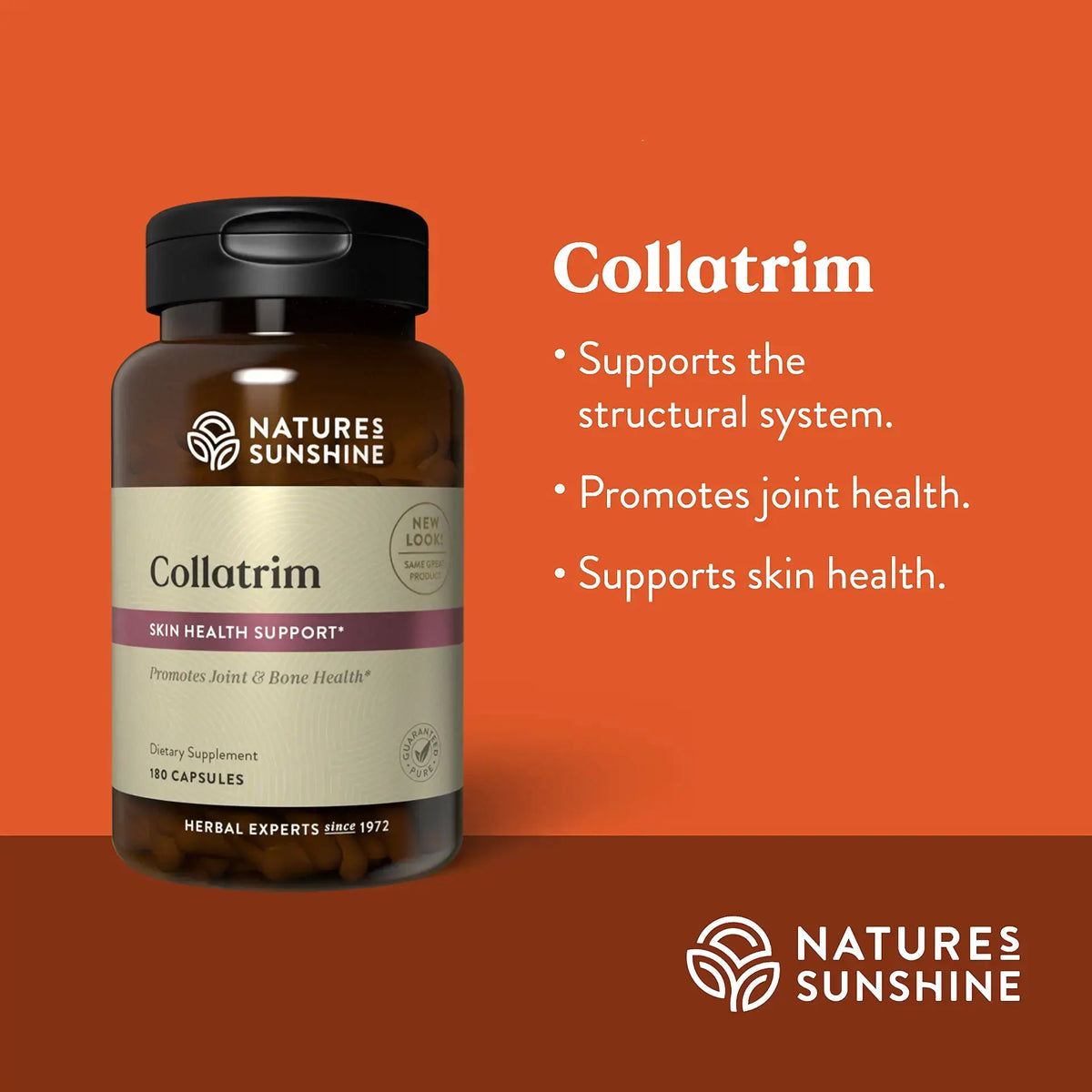 Collatrim herbal supplement bottle by Natures Sunshine on an orange background with product benefits listed in white text.