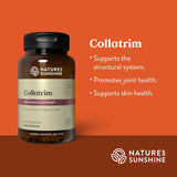 Collatrim herbal supplement bottle by Natures Sunshine on an orange background with product benefits listed in white text.