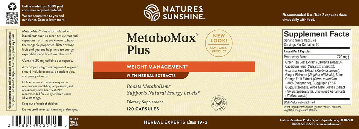 Natures Sunshine MetaboMax Plus dietary supplement bottle label, showing product details, supplement facts, and barcode on a beige and brown background.