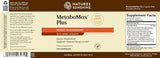 Natures Sunshine MetaboMax Plus dietary supplement bottle label, showing product details, supplement facts, and barcode on a beige and brown background.