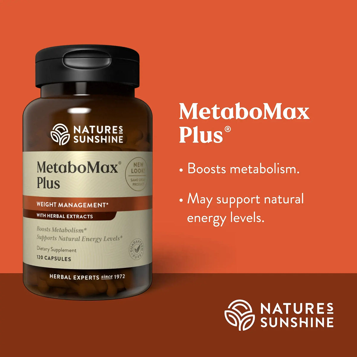 Nature's Sunshine MetaboMax Plus dietary supplement bottle on a solid orange background with product details and marketing text.