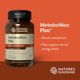 Nature's Sunshine MetaboMax Plus dietary supplement bottle on a solid orange background with product details and marketing text.
