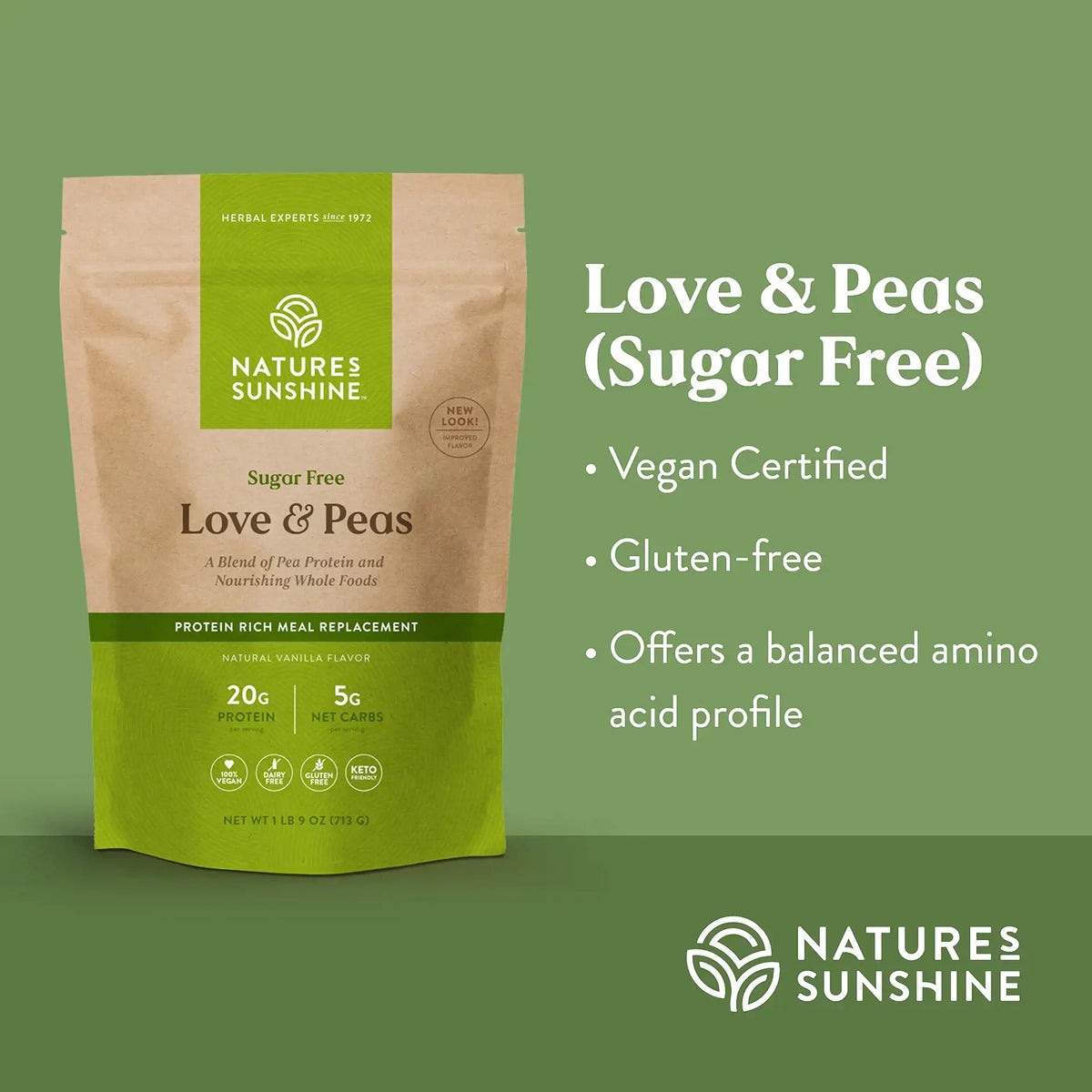 Nature's Sunshine Love & Peas protein meal replacement pouch on a green background with product details and marketing text.