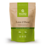 A 1 lb stand-up pouch of Nature's Sunshine Love & Peas protein meal replacement powder, featuring a kraft brown and green design on a white background.