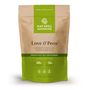 A 1 lb stand-up pouch of Nature's Sunshine Love & Peas protein meal replacement powder, featuring a kraft brown and green design on a white background.