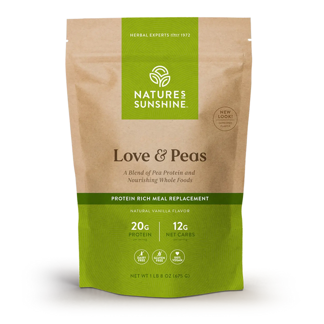 A 1 lb stand-up pouch of Nature's Sunshine Love & Peas protein meal replacement powder, featuring a kraft brown and green design on a white background.