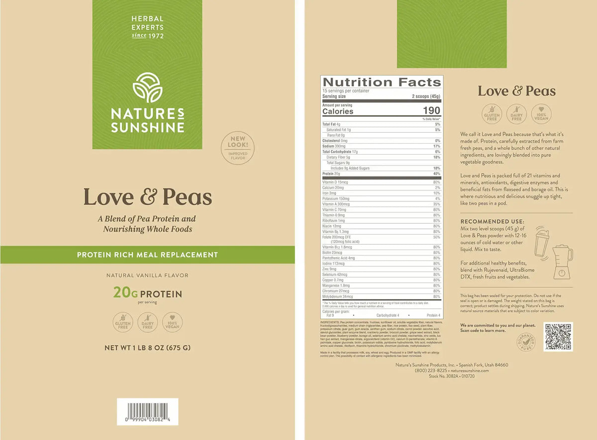 Front and back packaging of Nature's Sunshine Love & Peas protein powder, showing the beige package design with green accents, a nutrition facts panel, and product details.