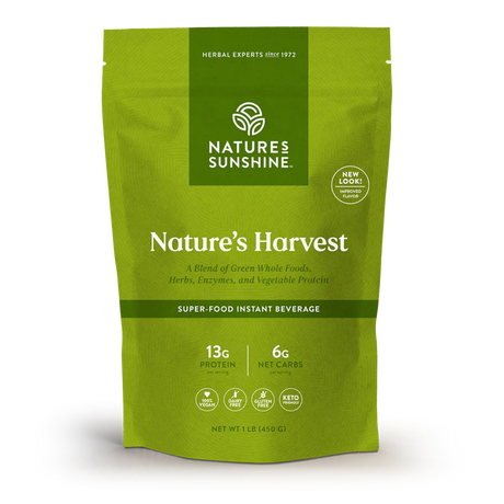 Nature's Sunshine Nature's Harvest Super-Food Instant Beverage in a lime green resealable pouch, displayed on a clean white background.