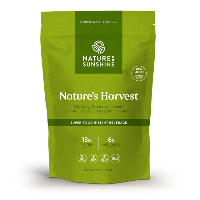 Nature's Sunshine Nature's Harvest Super-Food Instant Beverage in a lime green resealable pouch, displayed on a clean white background.