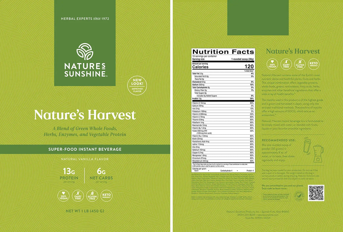 Front and back packaging of Nature's Harvest herbal instant beverage on a textured light green background, showing the product name, nutrition facts, ingredients, and usage icons.