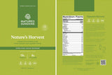 Front and back packaging of Nature's Harvest herbal instant beverage on a textured light green background, showing the product name, nutrition facts, ingredients, and usage icons.