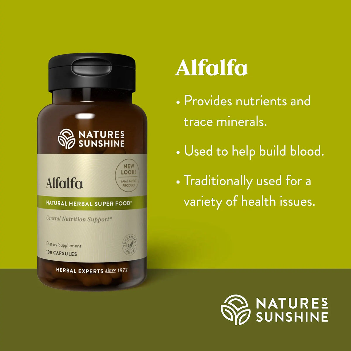 Natures Sunshine Alfalfa supplement bottle on a green background with product details.
