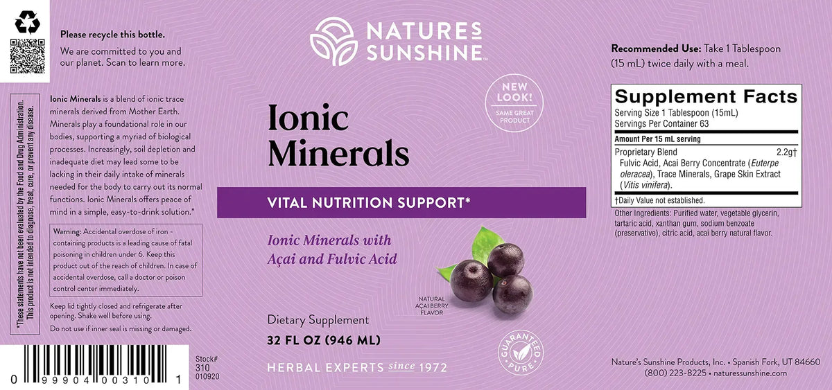 Front and back labels of a Nature's Sunshine Ionic Minerals dietary supplement bottle, showing product details, supplement facts, and usage instructions on a purple background.