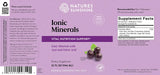 Front and back labels of a Nature's Sunshine Ionic Minerals dietary supplement bottle, showing product details, supplement facts, and usage instructions on a purple background.