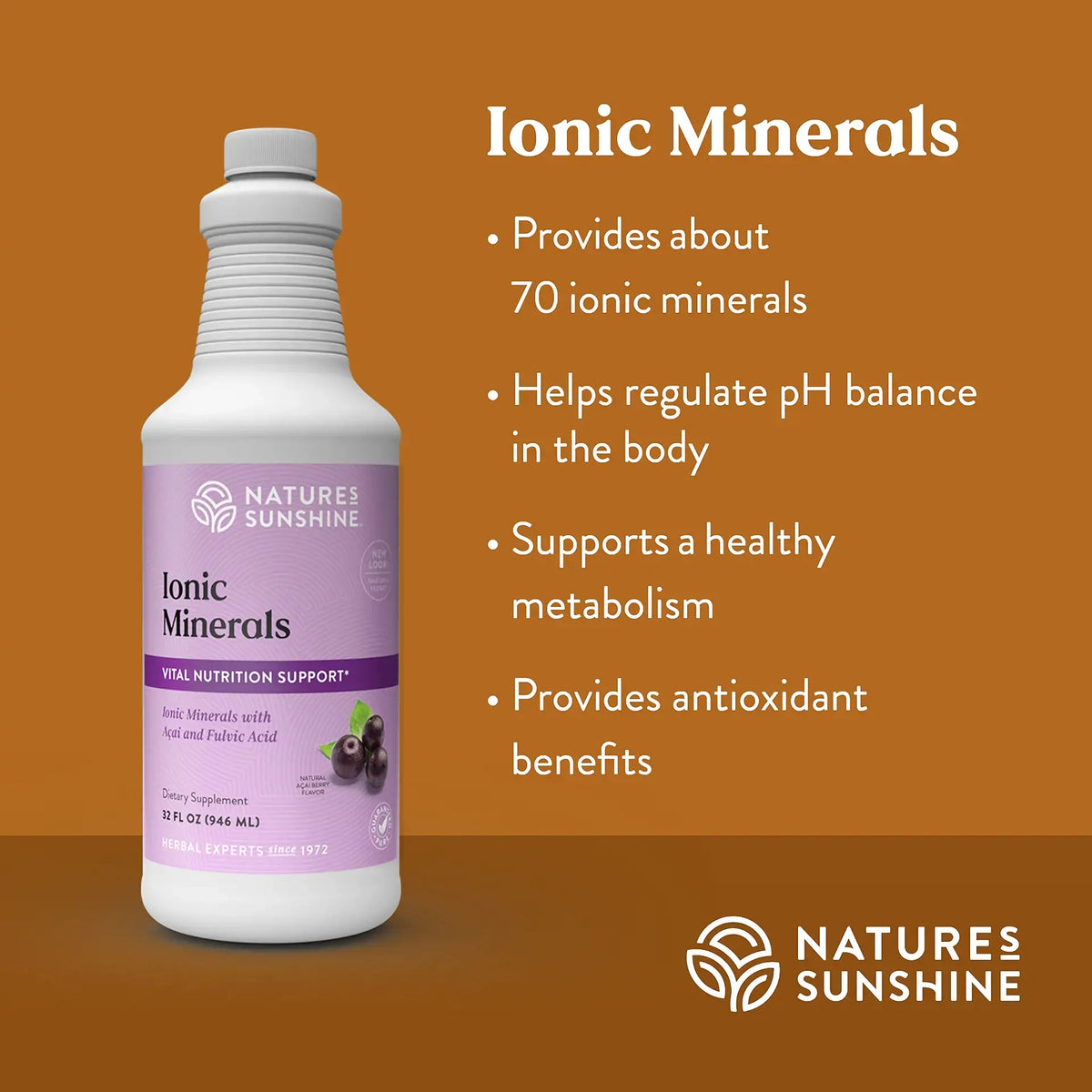 A bottle of Nature's Sunshine Ionic Minerals dietary supplement on a warm brown background, with text listing key benefits such as providing about 70 ionic minerals and supporting healthy metabolism.