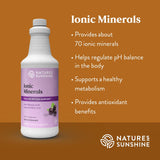 A bottle of Nature's Sunshine Ionic Minerals dietary supplement on a warm brown background, with text listing key benefits such as providing about 70 ionic minerals and supporting healthy metabolism.