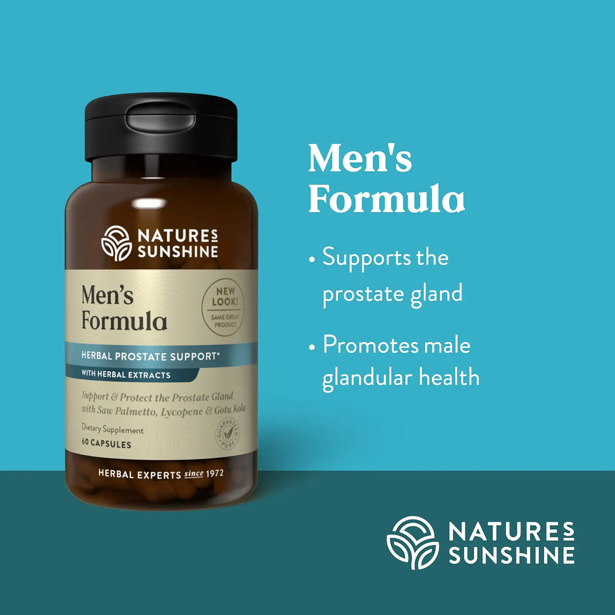 Natures Sunshine Men's Formula supplement bottle on a blue background