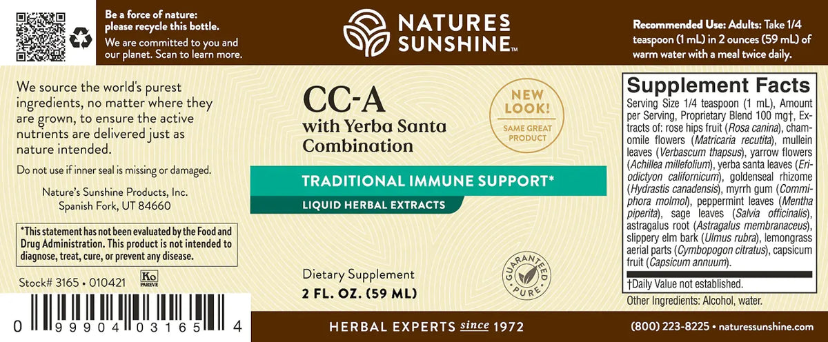 Nature's Sunshine CC-A with Yerba Santa Combination liquid herbal extracts supplement label, showing product details, ingredients, and supplement facts on a beige and brown background.