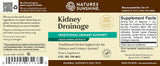 Natures Sunshine Kidney Drainage herbal supplement label, featuring a beige and brown design with green accents, product details, and a barcode.