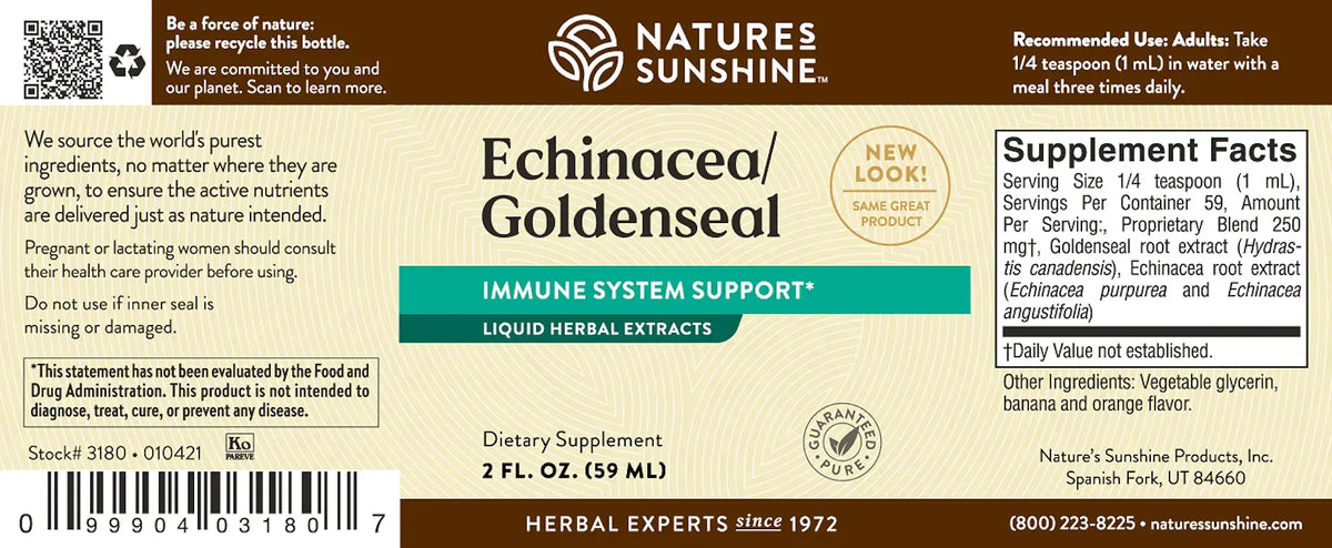 Natures Sunshine Echinacea/Golden Seal liquid herbal extracts supplement package, featuring a beige and brown label with white text, a teal accent band, and a supplement facts panel on the right.