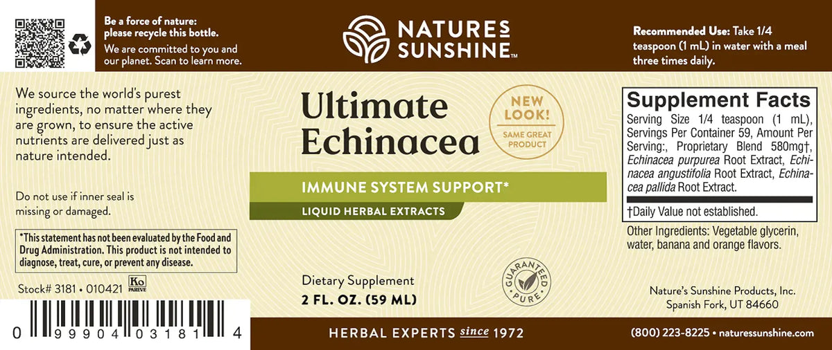 Natures Sunshine Ultimate Echinacea liquid herbal extract dietary supplement label, featuring a beige and brown design with product details, supplement facts, and a barcode.