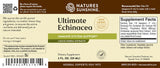 Natures Sunshine Ultimate Echinacea liquid herbal extract dietary supplement label, featuring a beige and brown design with product details, supplement facts, and a barcode.