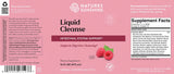 Pink Natures Sunshine Liquid Cleanse supplement bottle label with supplement facts panel, barcode, and raspberry graphics on a white background.