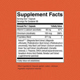 A supplement facts label reading 'Supplement Facts' with a white background and black text, centered on an orange background with diagonal orange lines. The label lists ingredients and daily value percentages, including Vitamin C, Chromium, and a proprietary blend.