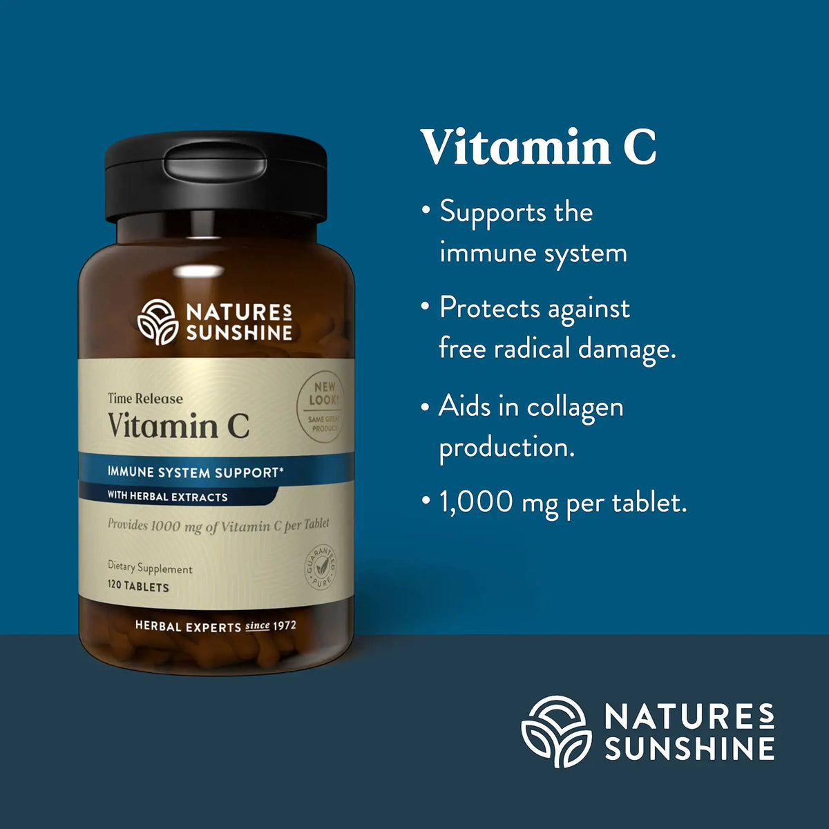 Natures Sunshine Vitamin C supplement bottle with product details on a blue background