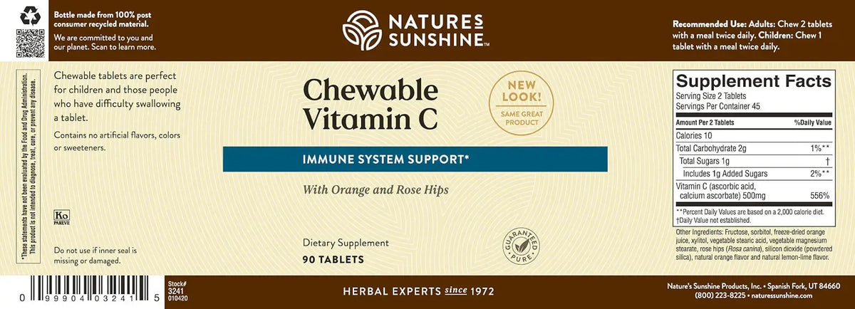 Natures Sunshine Immune System Support Chewable Vitamin C tablets packaging label, featuring a cream and dark brown design with a blue accent banner and supplement facts panel.