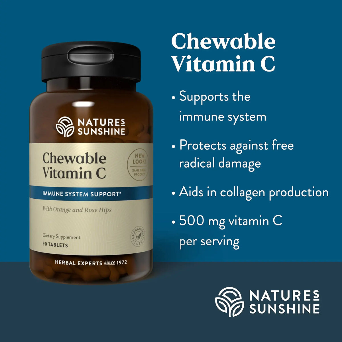 Natures Sunshine Chewable Vitamin C supplement bottle on a blue background with product details.