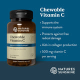Natures Sunshine Chewable Vitamin C supplement bottle on a blue background with product details.