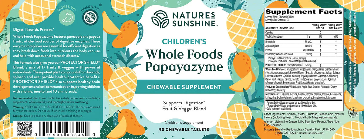 Front and back packaging label of Nature's Sunshine Children's Whole Foods Papayazyme Chewable Supplement, showing flavor details, ingredients, and supplement facts on a teal and orange background with pineapple and papaya illustrations.