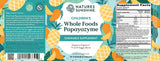Front and back packaging label of Nature's Sunshine Children's Whole Foods Papayazyme Chewable Supplement, showing flavor details, ingredients, and supplement facts on a teal and orange background with pineapple and papaya illustrations.