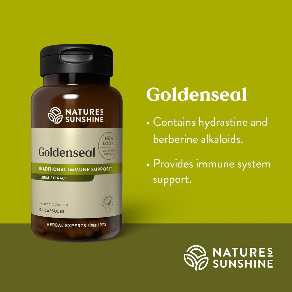 Natures Sunshine Goldenseal supplement bottle on a green background