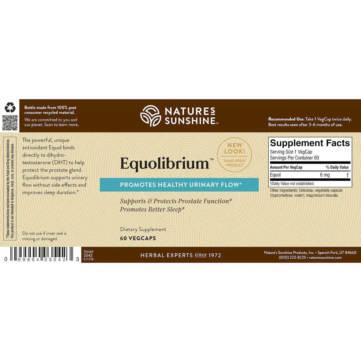 Natures Sunshine Equilibrium dietary supplement box packaging, featuring a brown and white design with a teal accent banner and product details.