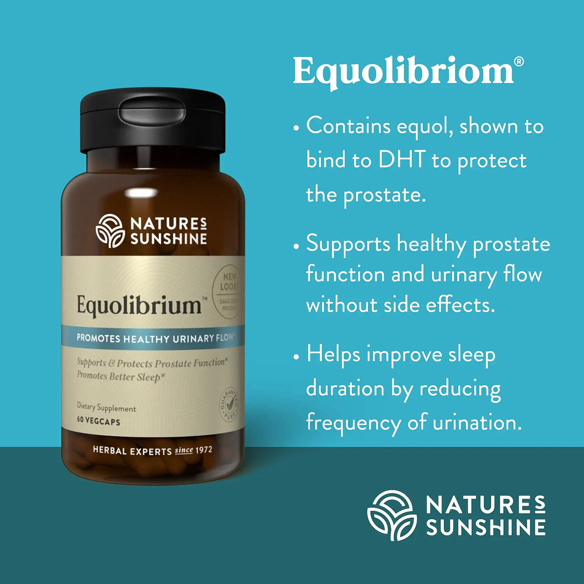 Nature's Sunshine Equilibrium dietary supplement bottle on a teal background with product text describing benefits for prostate health and sleep.