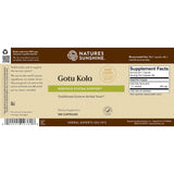 The back of a Nature's Sunshine Gotu Kola dietary supplement bottle, showing the supplement facts panel, barcode, and product details on a beige and brown background.