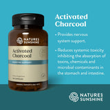 A bottle of Natures Sunshine Activated Charcoal dietary supplement on a teal background with product text and benefits listed on the right.