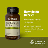 Natures Sunshine Hawthorn Berries supplement bottle on a green background