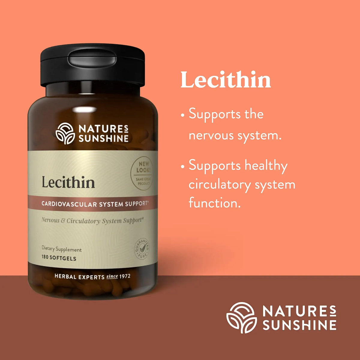 Natures Sunshine Lecithin supplement bottle on a peach background with product details.